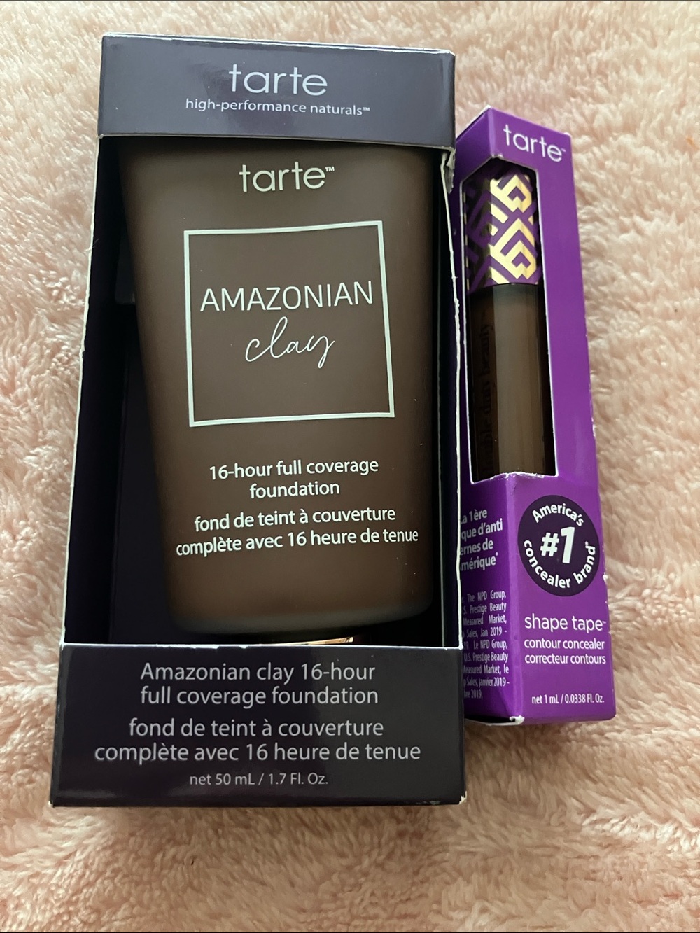 tarte Amazonian Clay Foundation with Purple Shape Tape Concealer Packaging